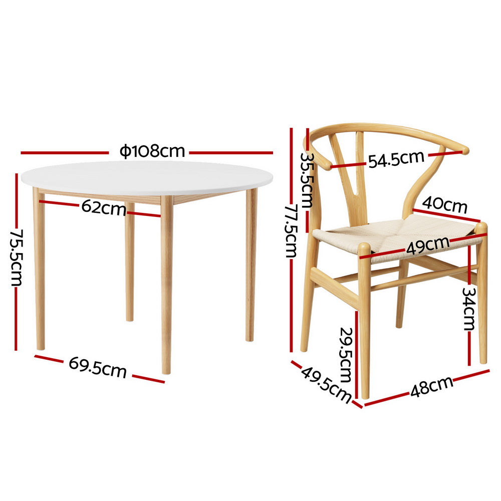 Rowan Dining Table and Wishbone Chair Set – Natural & White – 5 Piece