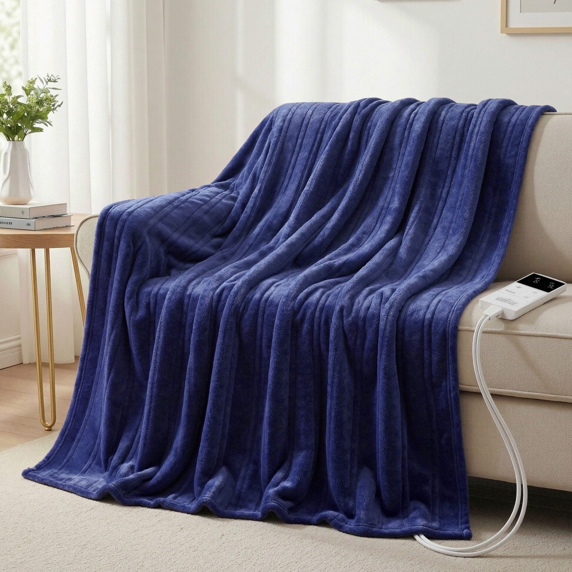 Giselle Electric Throw Rug Coral Fleece Heated Blanket Navy Blue – Double