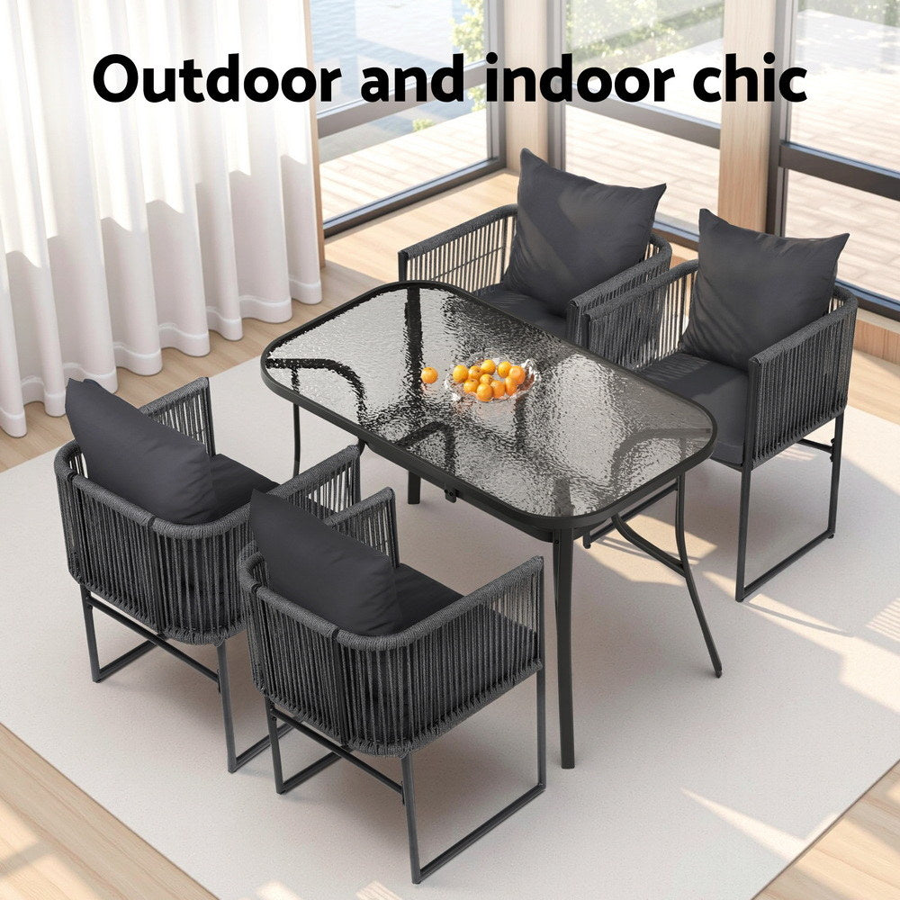 Nova Outdoor Rope Dining Set – Black & Grey – 5 Piece