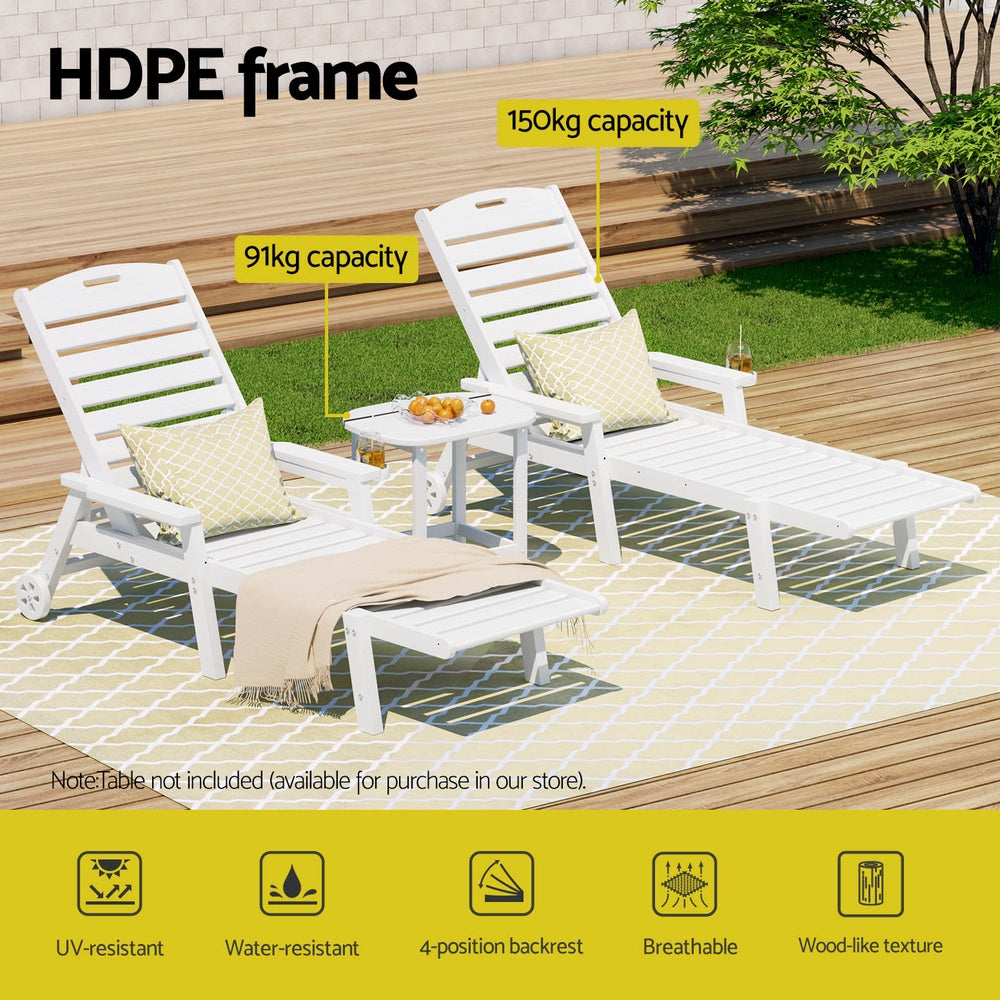 Riviera HDPE Sun Lounger – White – With Wheels