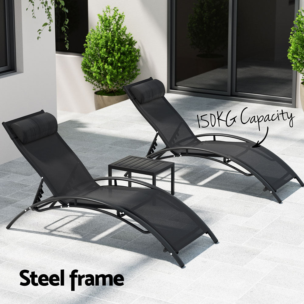 Linden 3-Piece Sun Lounge Set – Black – Steel Frame