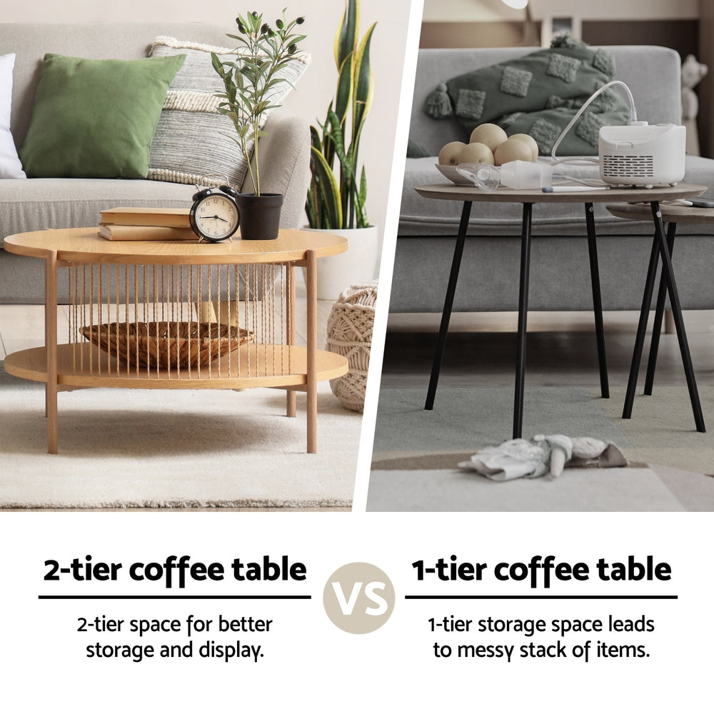 Rope Round Coffee Table Set – Brown / Wood – Set of 2