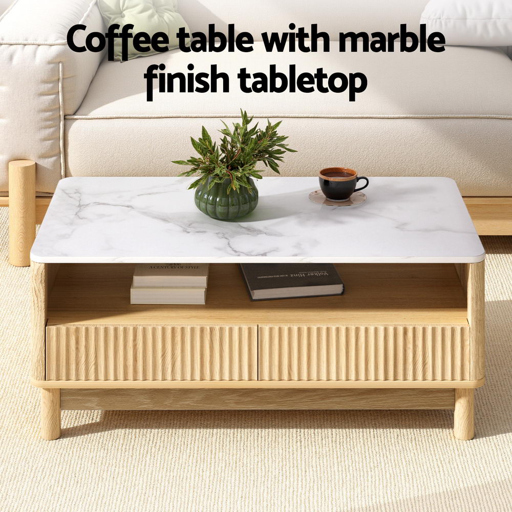 Fluted Marble Coffee Table – White – 90 cm