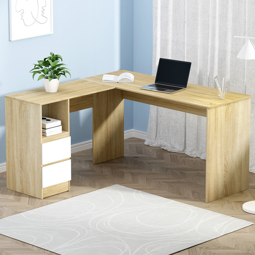 Computer Desk Drawer Cabinet L - Shape Oak 136CM