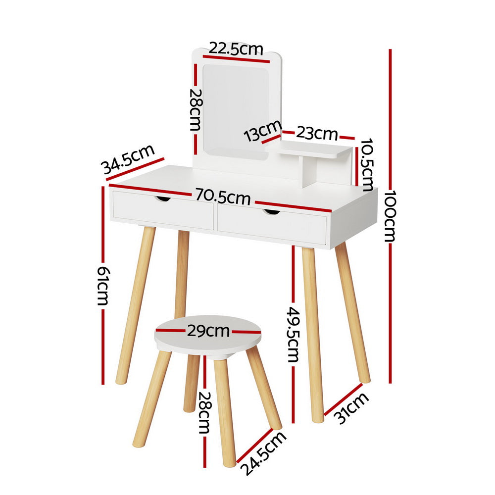 Nara Kids Dressing Table Set – White – Wooden Legs