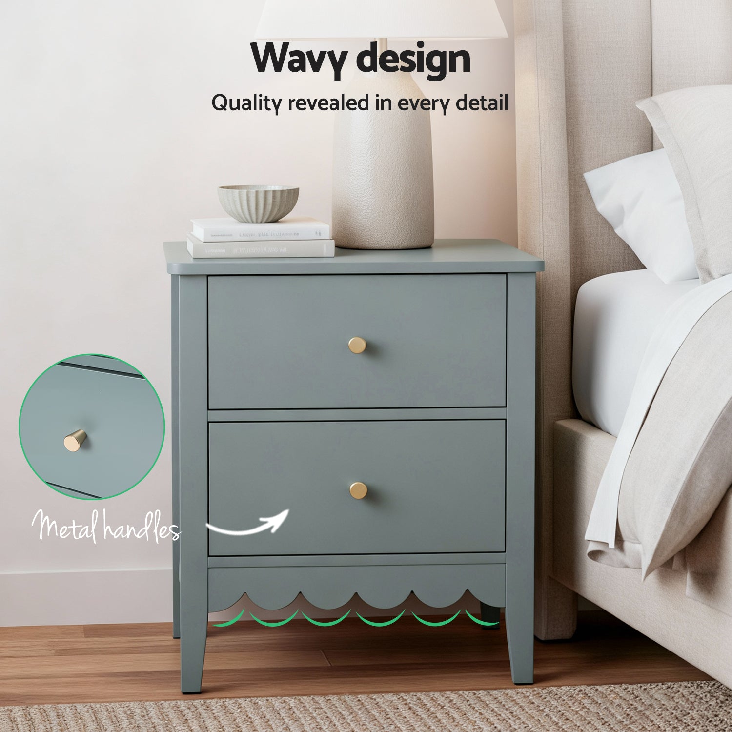 Nara Bedside Table with 2 Drawers – Green – 50 cm