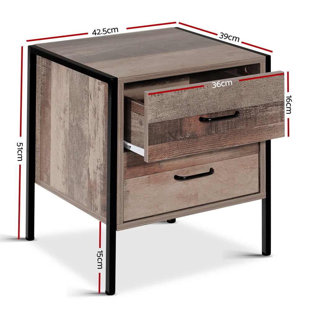 Fletcher 2 Drawer Bedside Table – Oak – Metal Frame