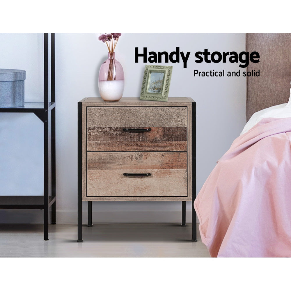 Fletcher 2 Drawer Bedside Table – Oak – Metal Frame