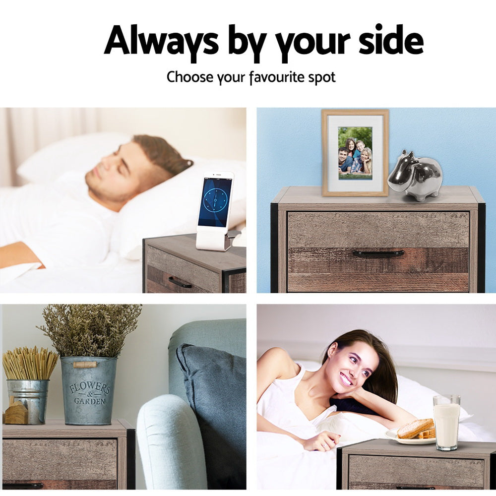 Fletcher 2 Drawer Bedside Table – Oak – Metal Frame