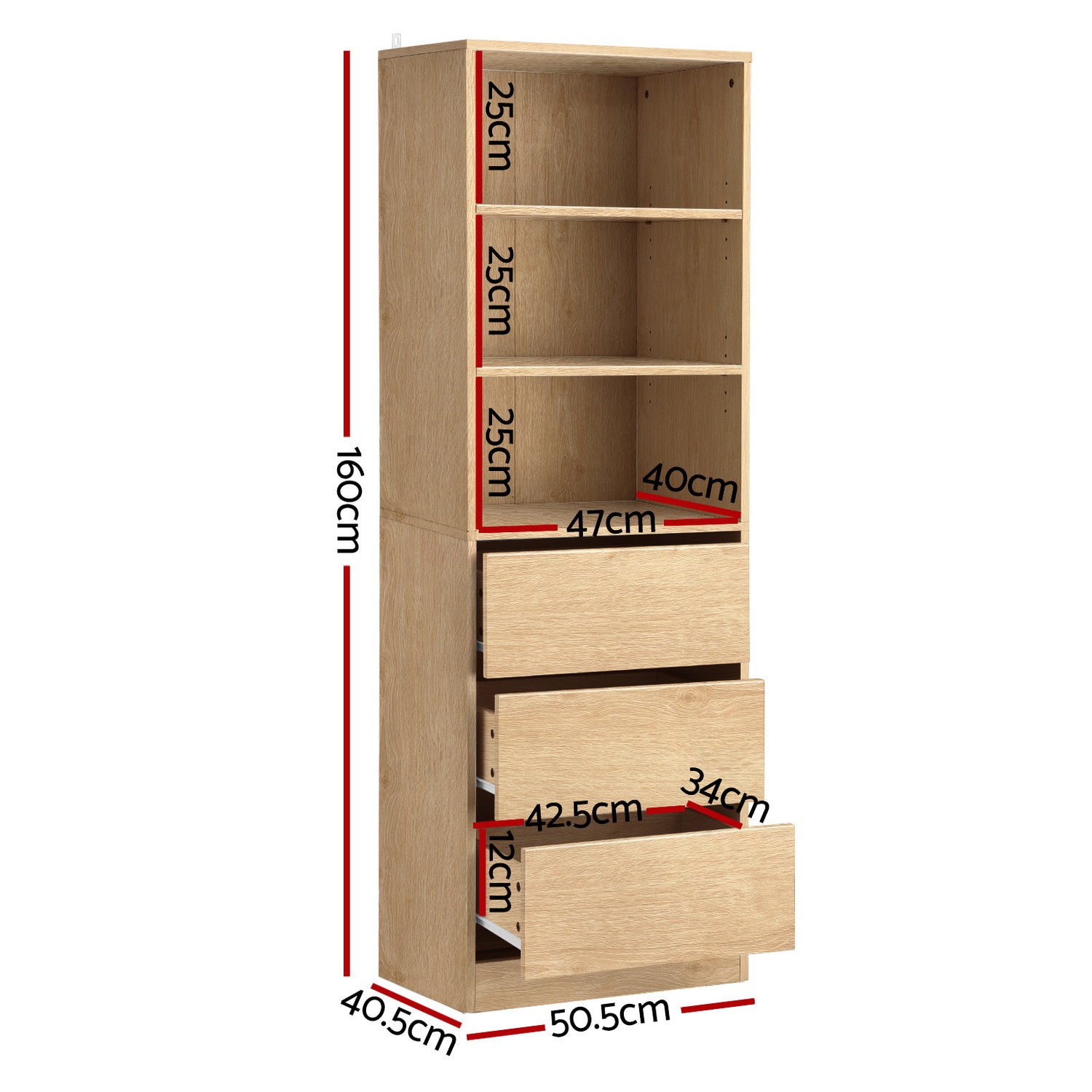 Arlo Tallboy with 3 Drawers and Shelves – Pine – 160 cm