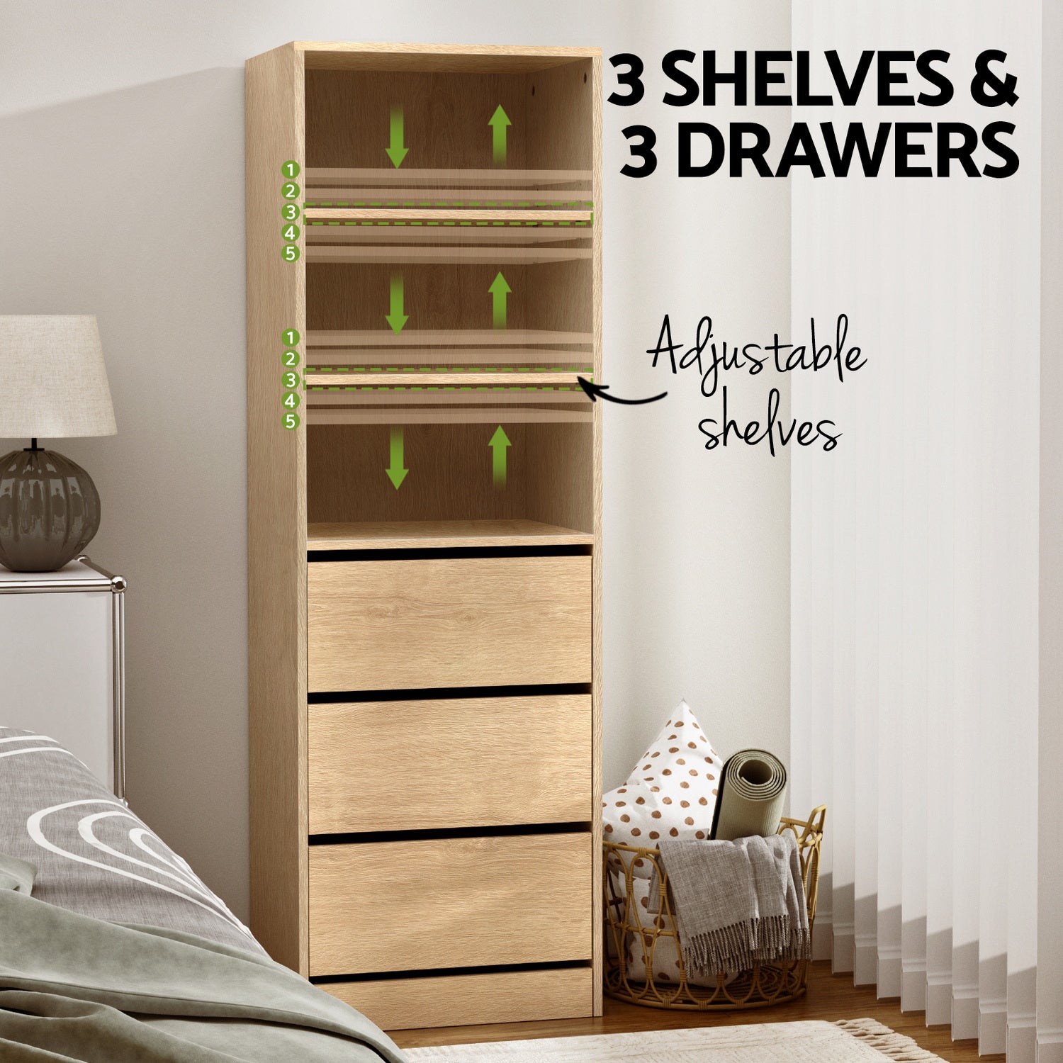 Arlo Tallboy with 3 Drawers and Shelves – Pine – 160 cm