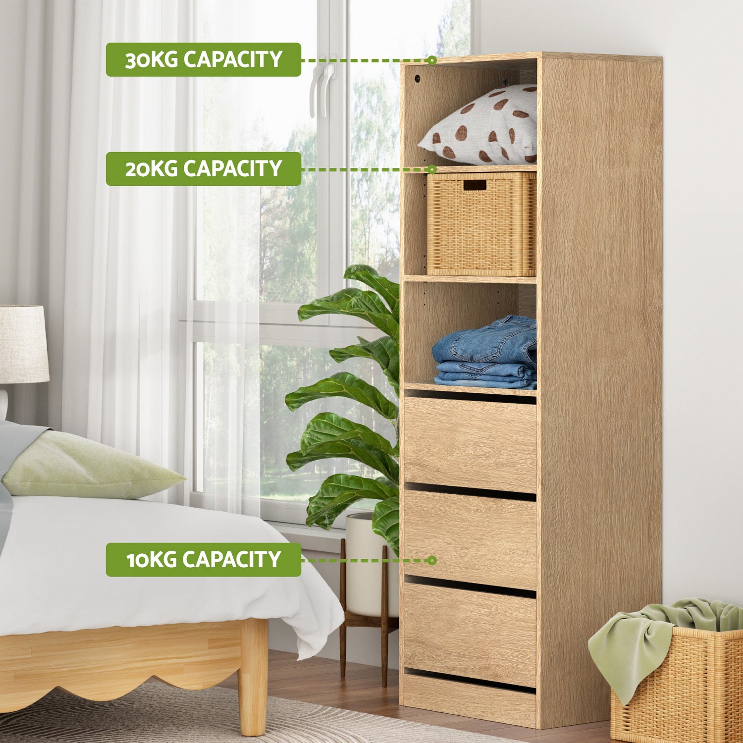 Arlo Tallboy with 3 Drawers and Shelves – Pine – 160 cm