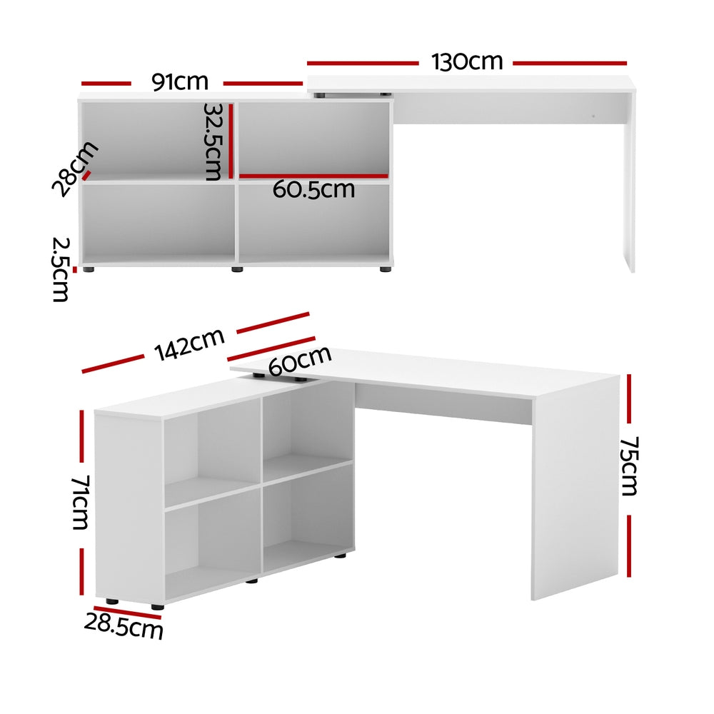 Kendor L-Shaped Computer Desk with Bookcase – White – 130 cm