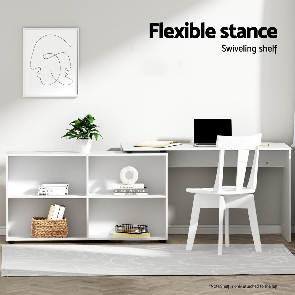 Kendor L-Shaped Computer Desk with Bookcase – White – 130 cm