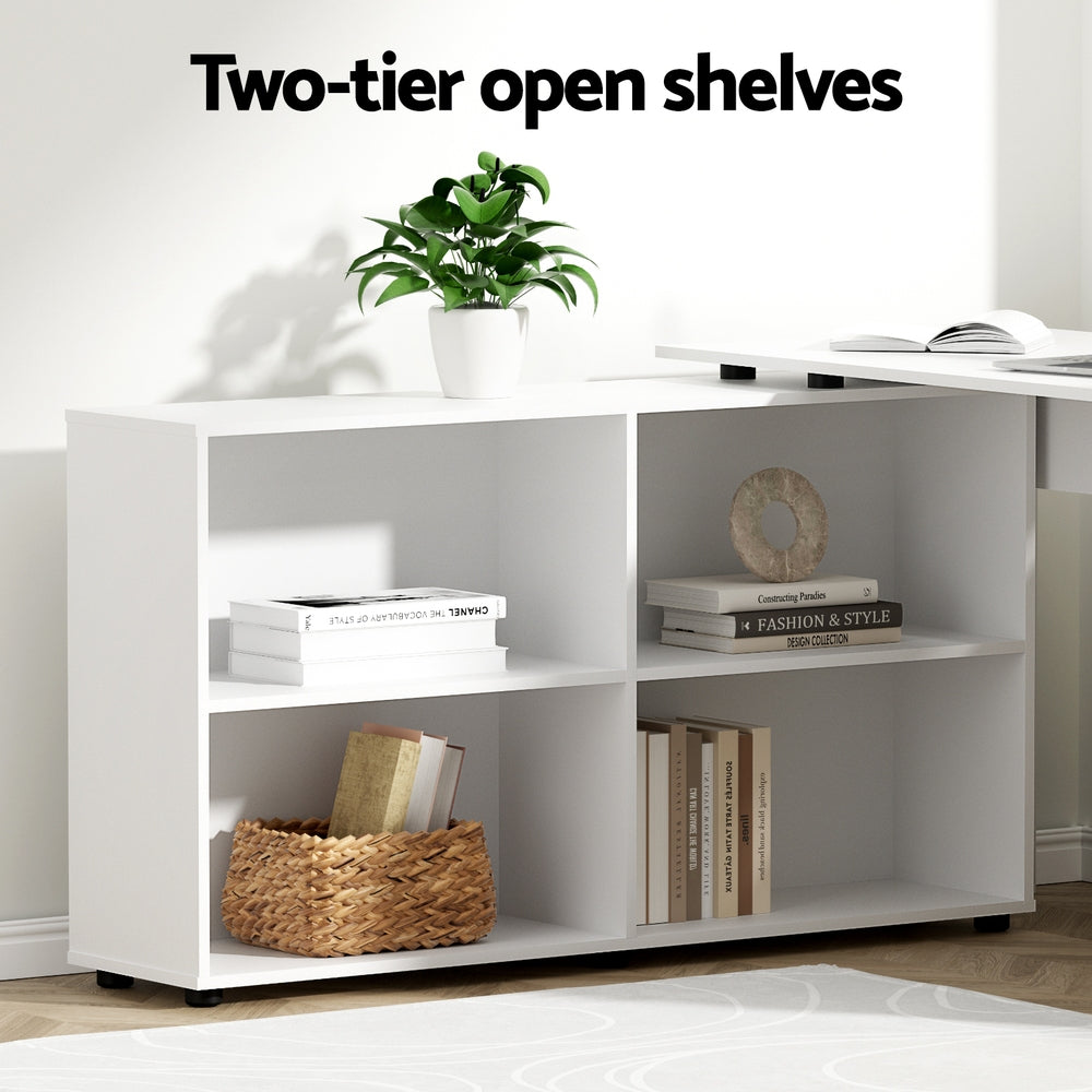 Kendor L-Shaped Computer Desk with Bookcase – White – 130 cm