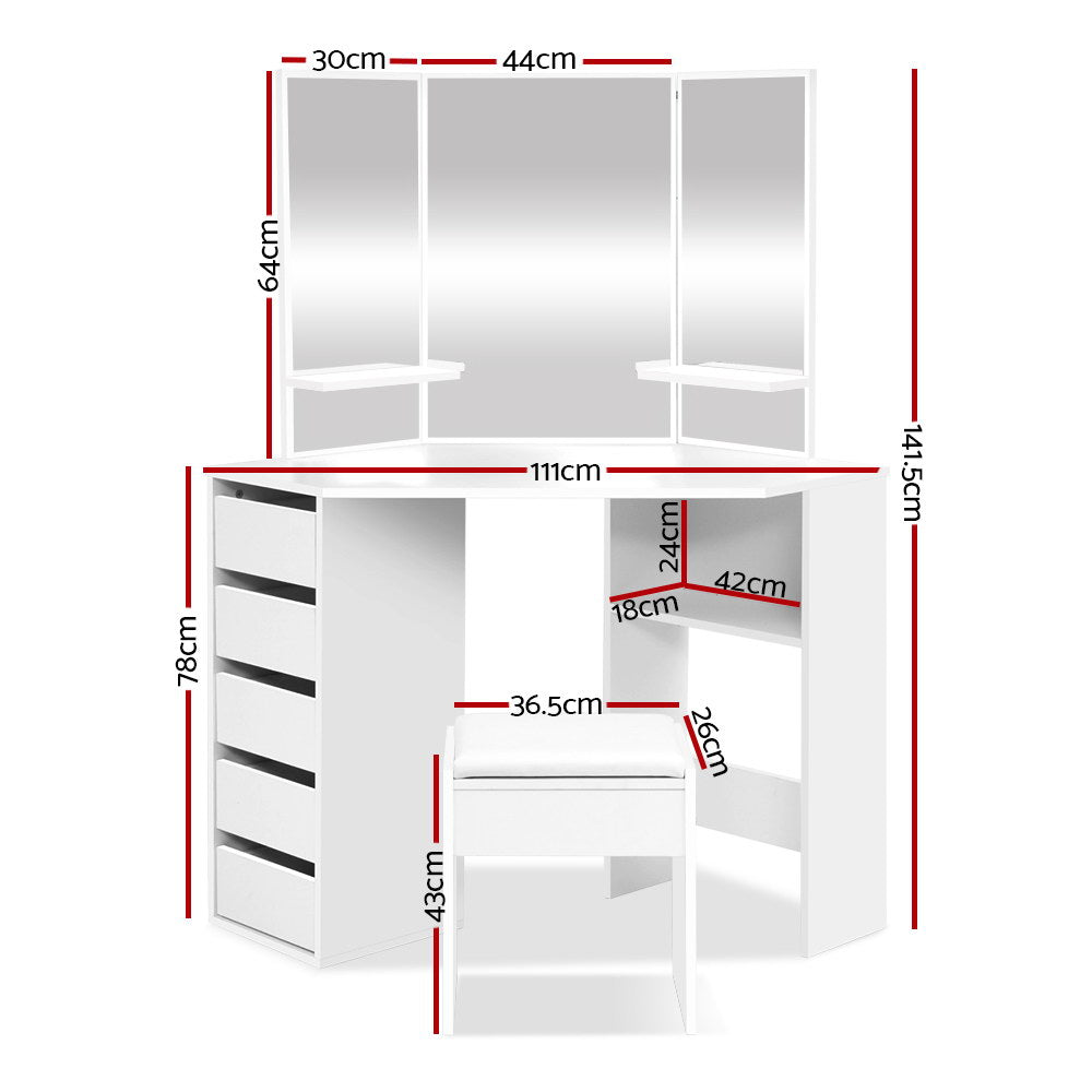 Bellrose Corner 5-Drawer Dressing Table Set – White
