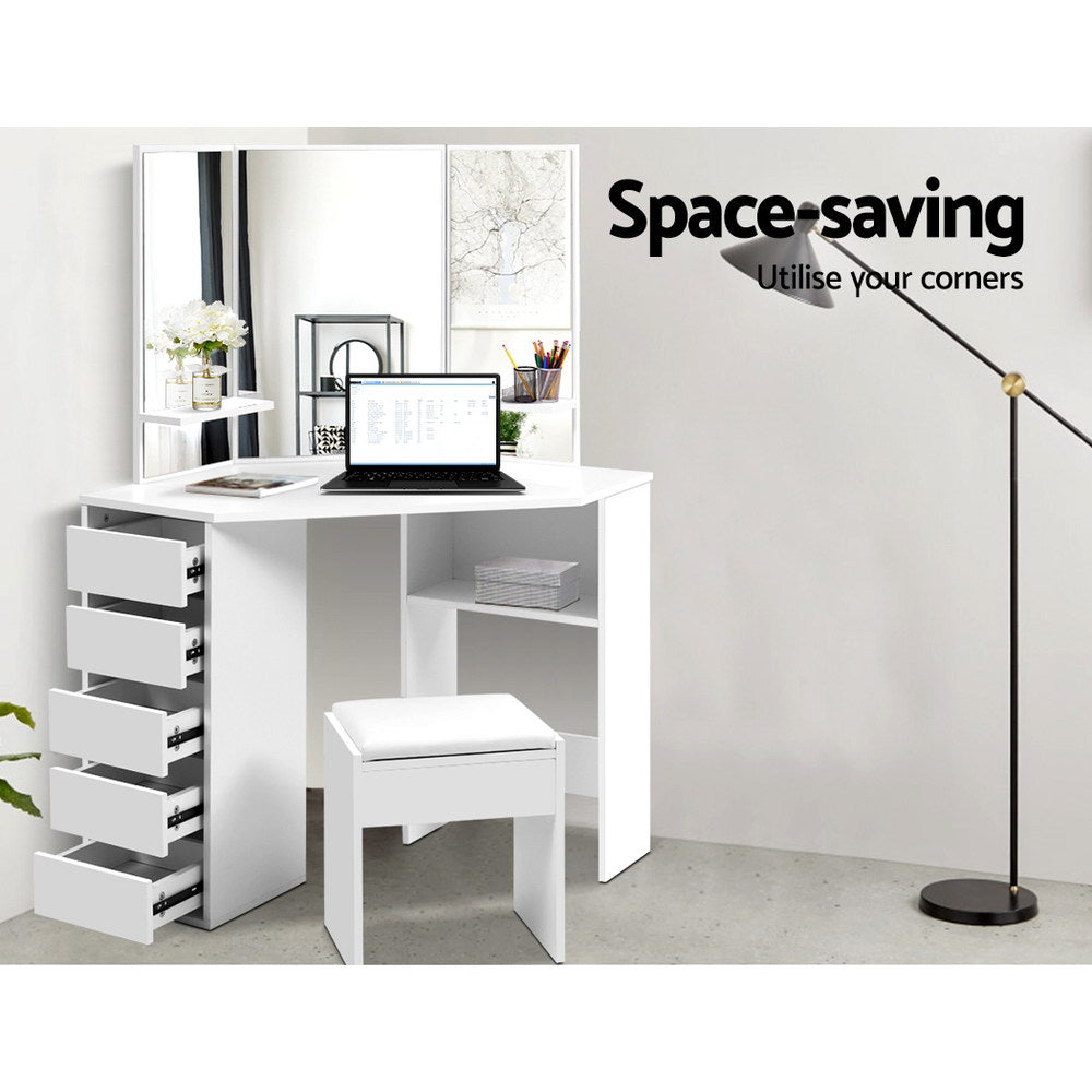 Bellrose Corner 5-Drawer Dressing Table Set – White