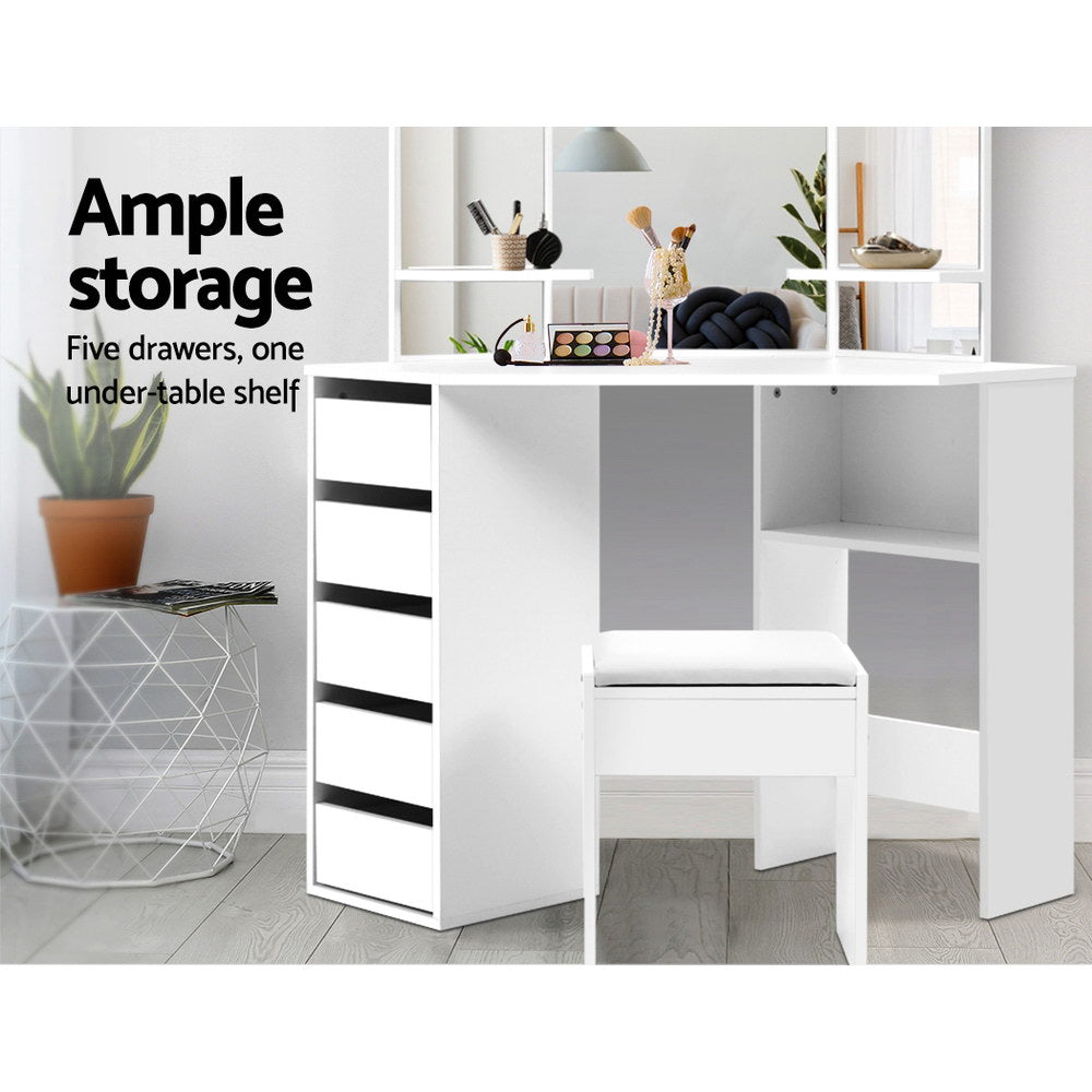 Bellrose Corner 5-Drawer Dressing Table Set – White