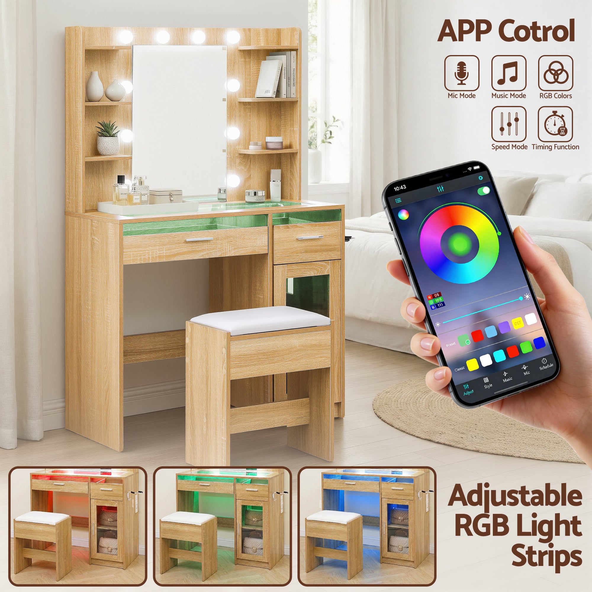 Callan LED Dressing Table Set with Stool – Wood – 90 cm