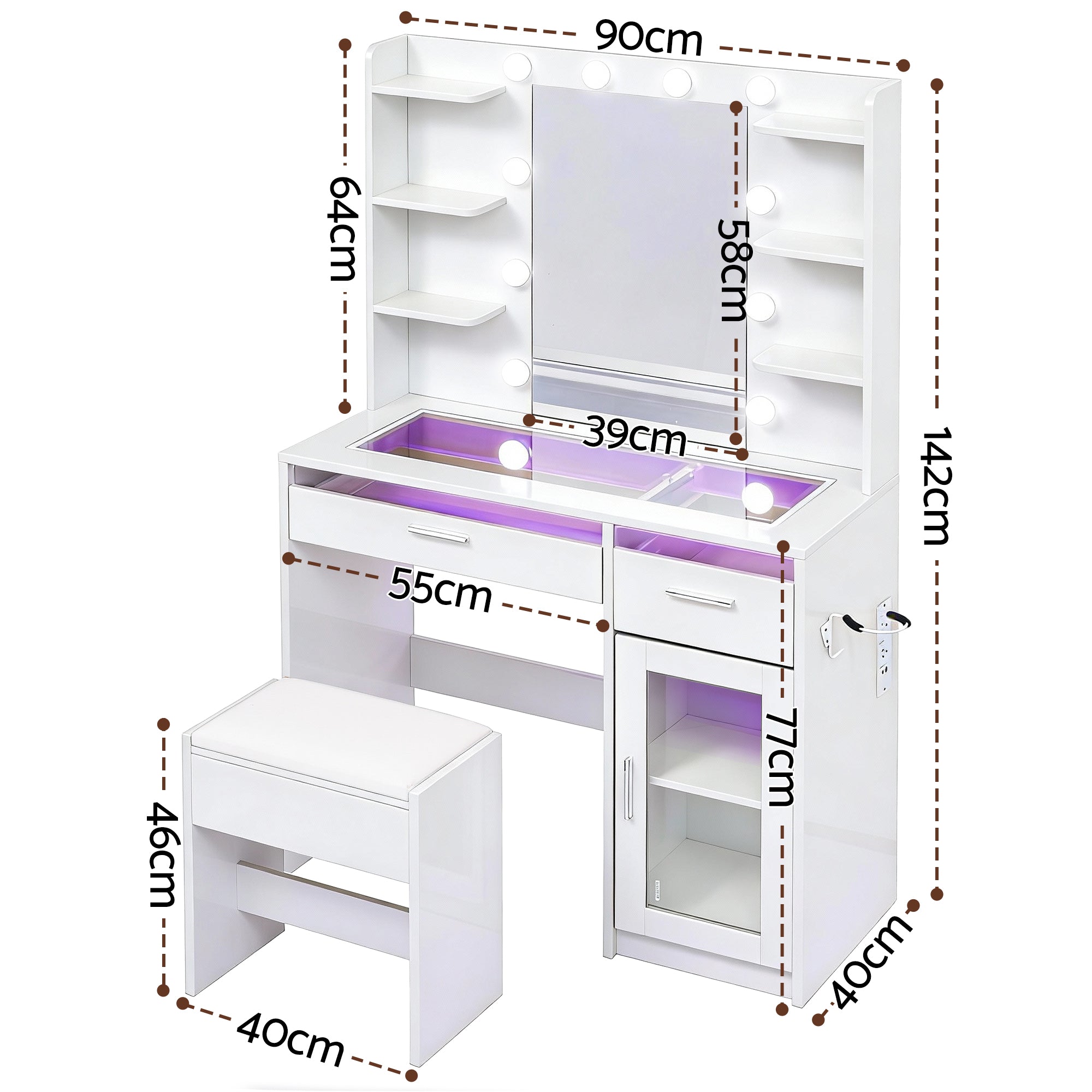 Callan LED Dressing Table Set with Stool – White – 90 cm