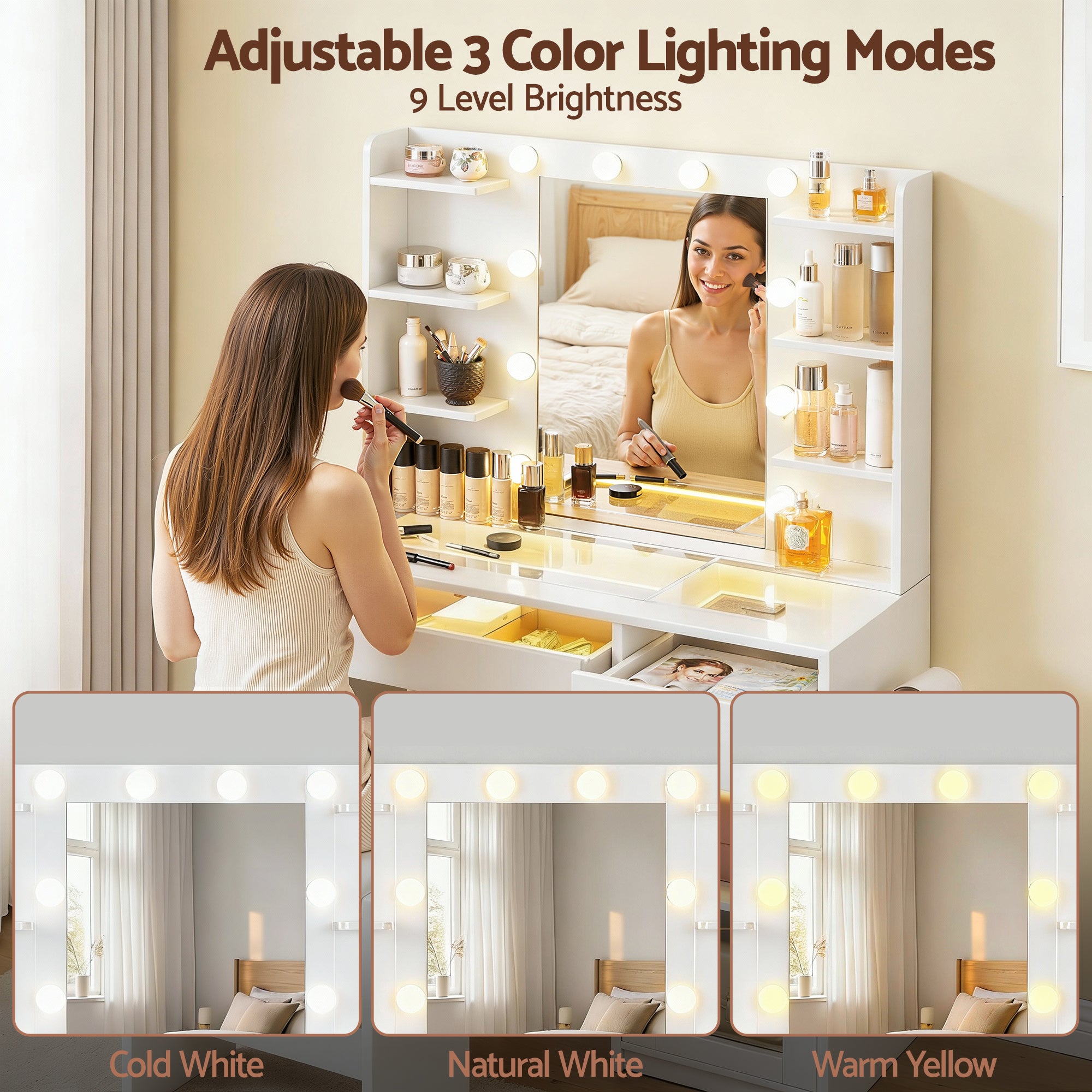 Callan LED Dressing Table Set with Stool – White – 90 cm