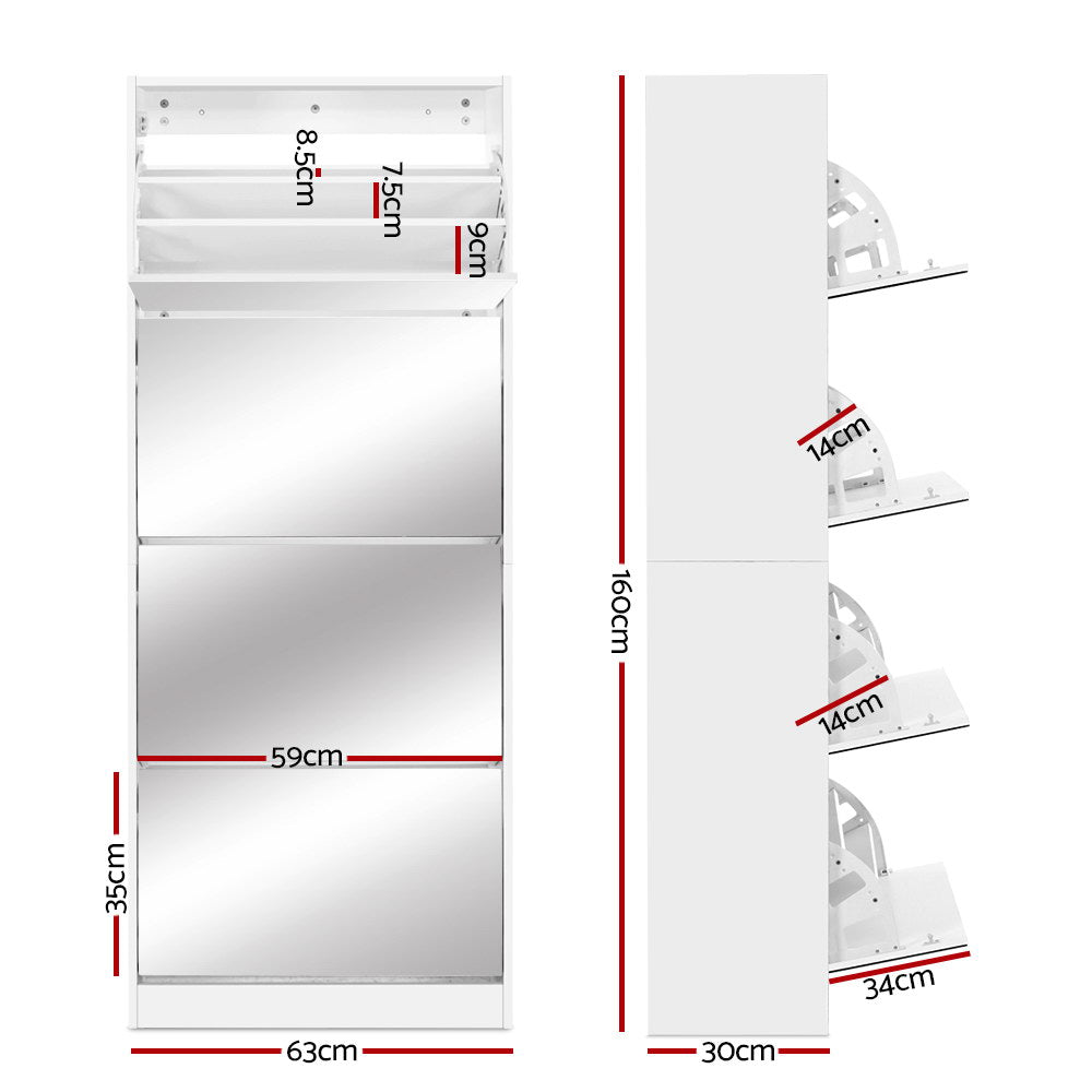 Lexington Mirror Shoe Storage Cabinet – White – 4 Compartment