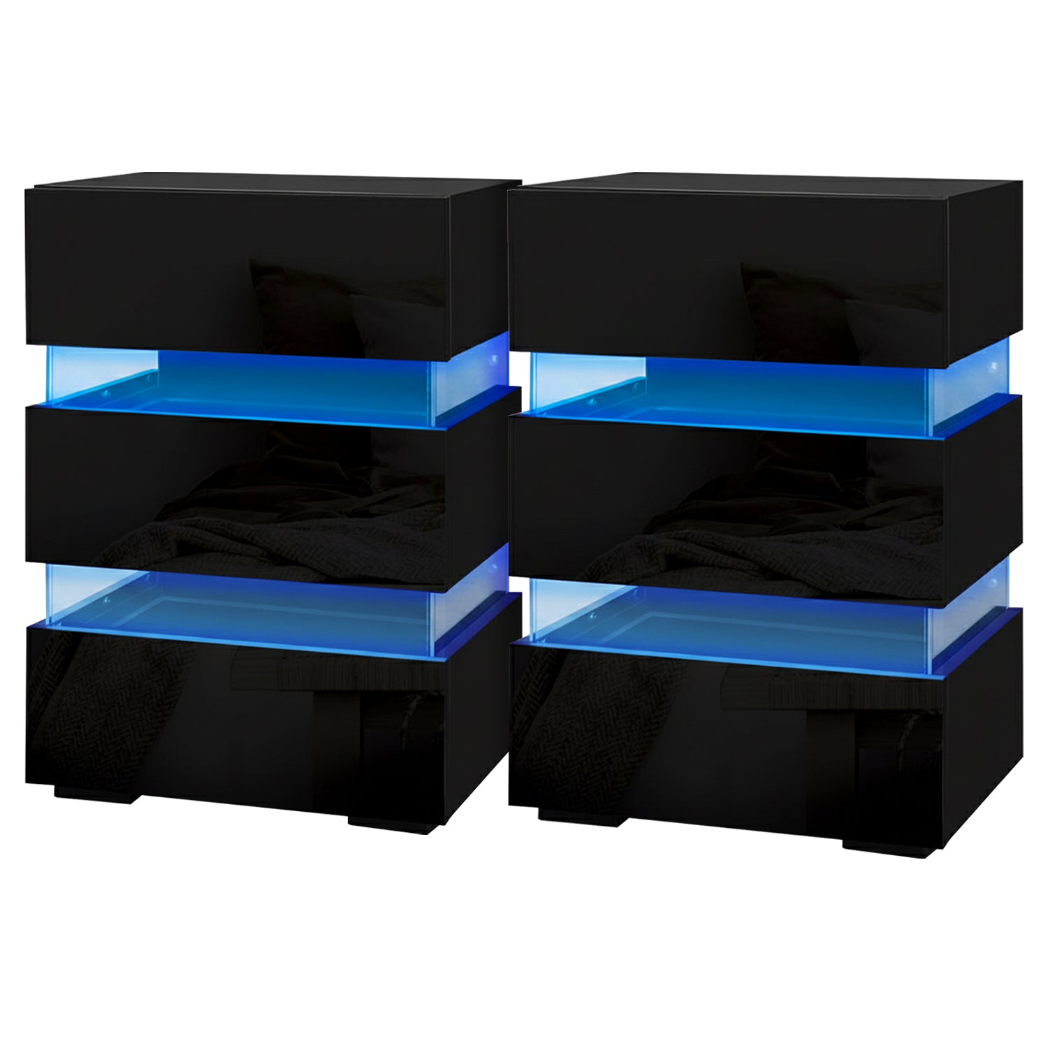 Nova 2x Bedside Table LED 3 Drawers - LUMI Black