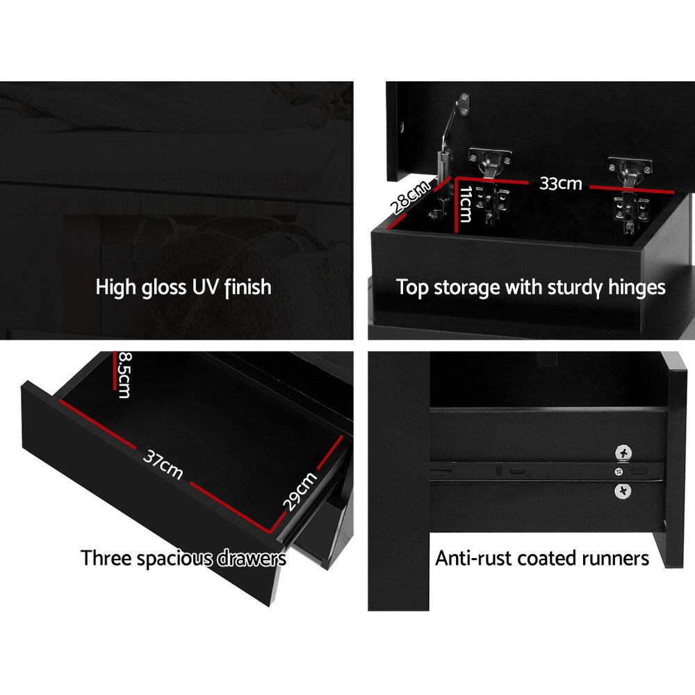 Lumina LED Bedside Table – Black – 3 Drawers