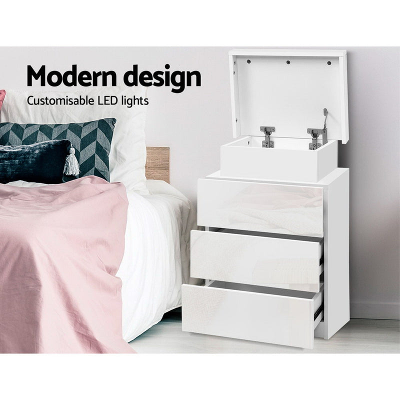 3 Drawers LED Bedside Table - White