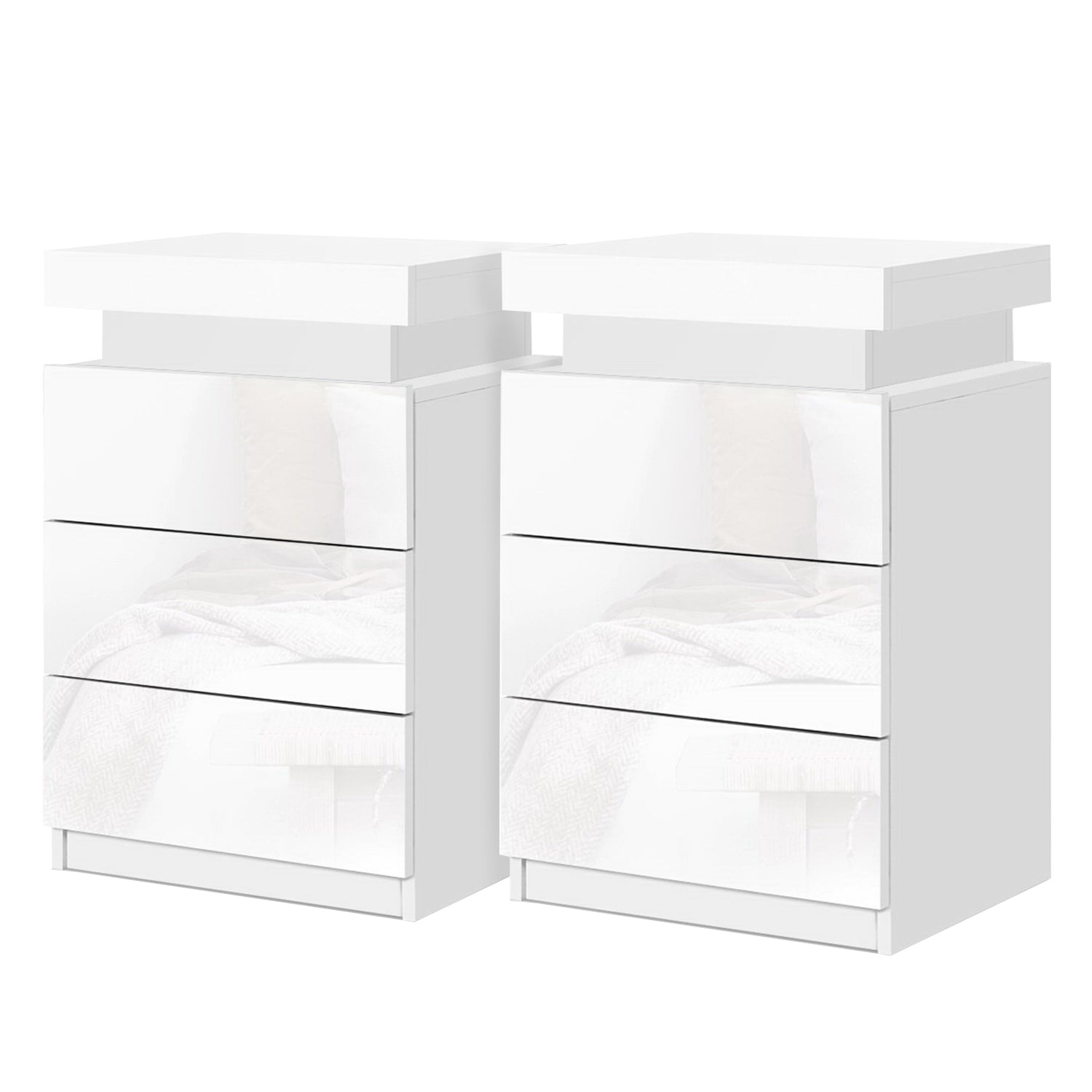 Nova 2X Bedside Table LED 3 Drawers - COLEY White