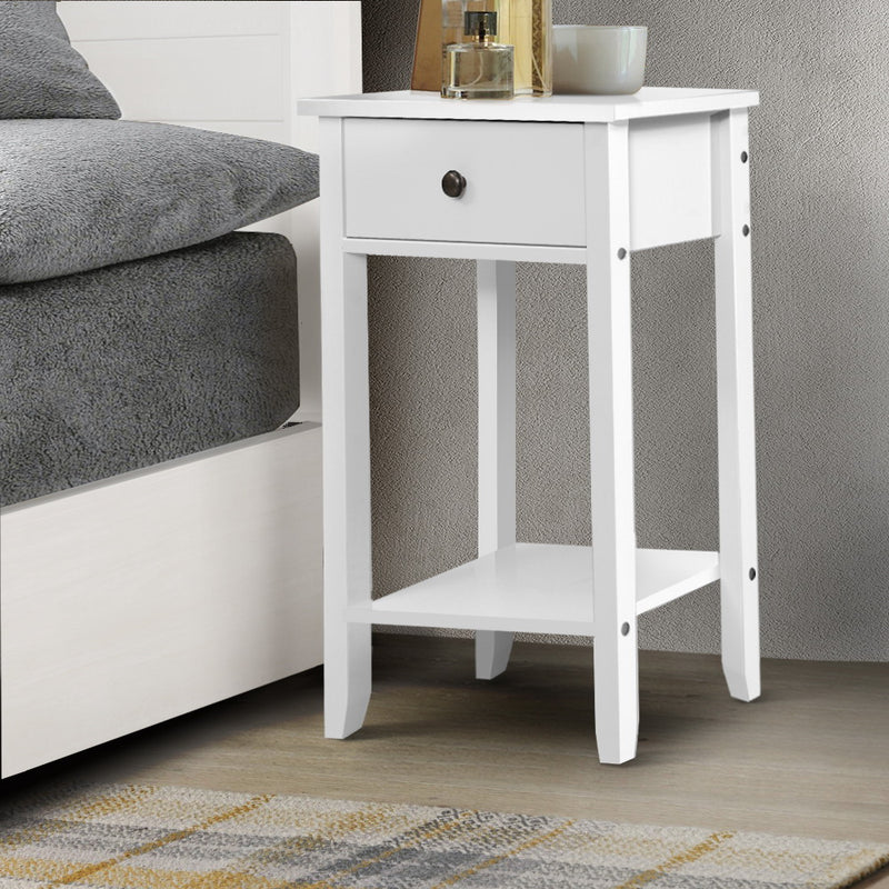 Bedside Table with Drawer and Shelf - White