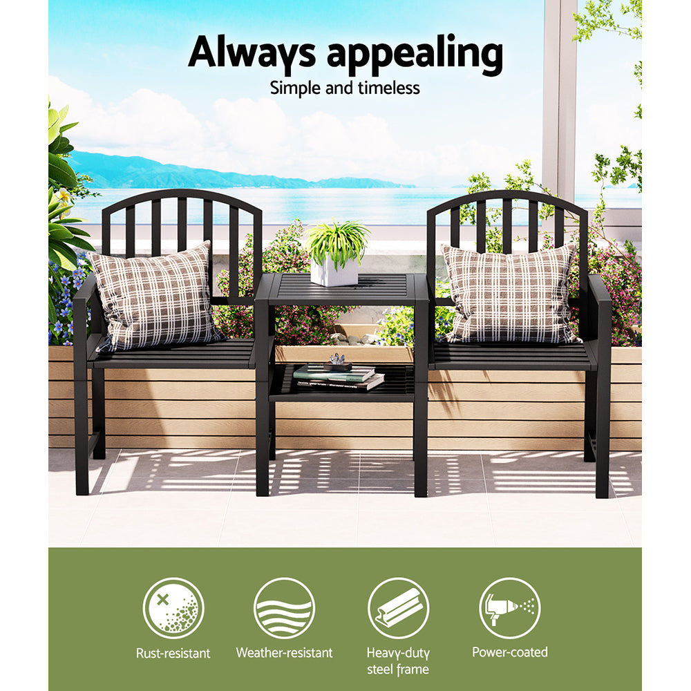 Alderon Steel Loveseat Bench with Table – Black – Outdoor