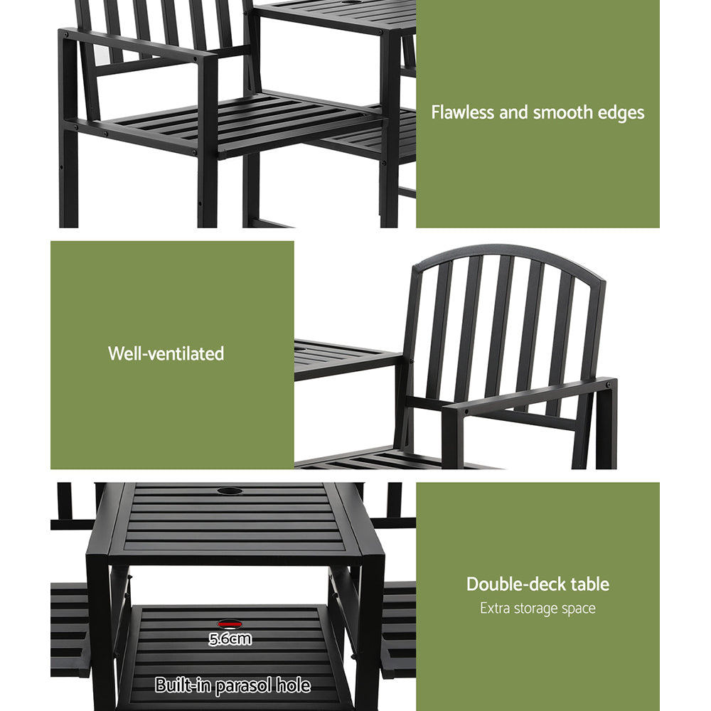 Alderon Steel Loveseat Bench with Table – Black – Outdoor
