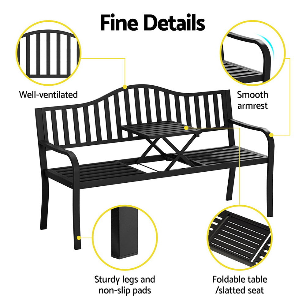 Marston Steel Garden Bench with Foldable Table – Black – Outdoor