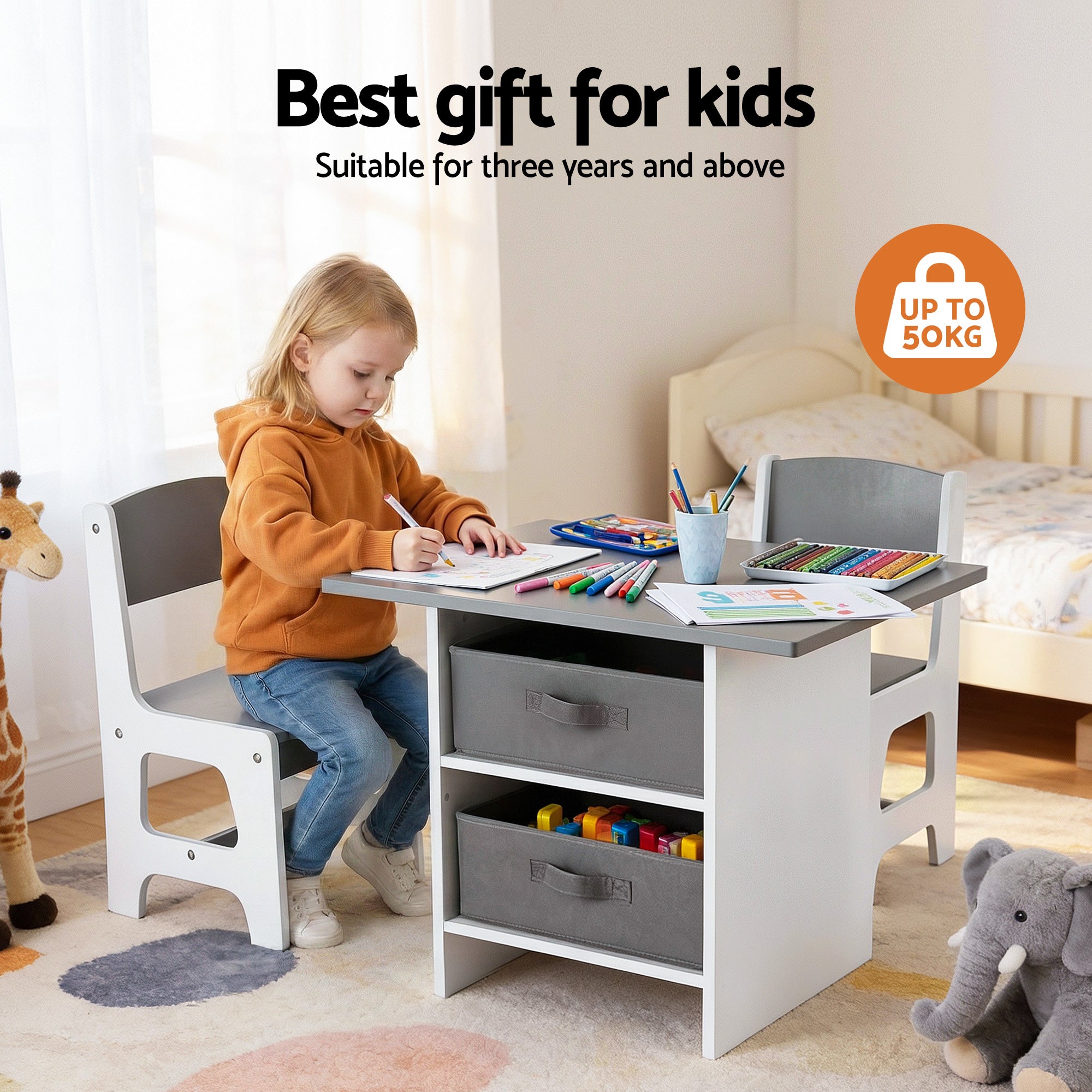 Marlo Kids Activity Table Set with Storage – Grey – 3 Piece