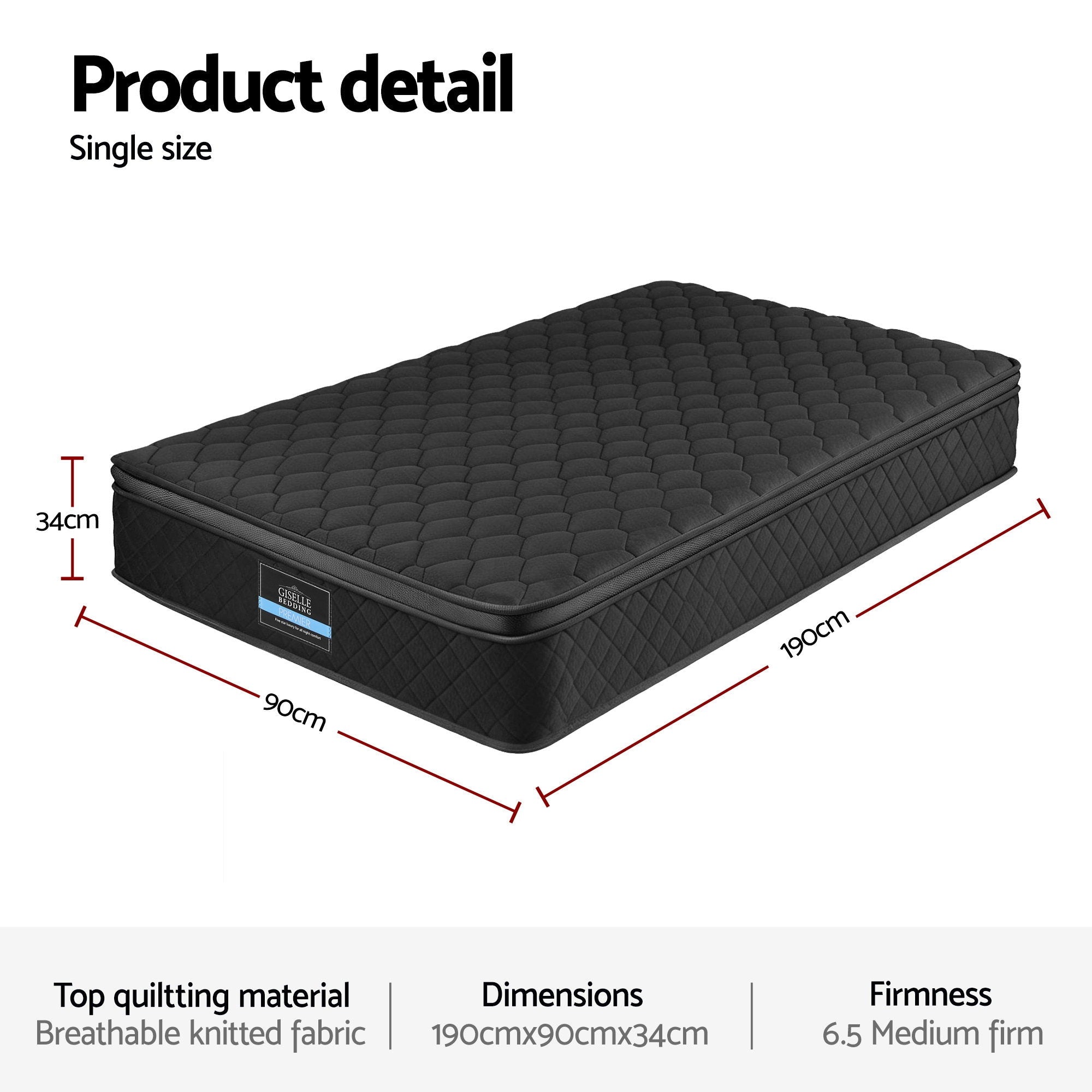 Muse Mattress 34cm Euro Top 5-Zone Pocket Spring Black – Single