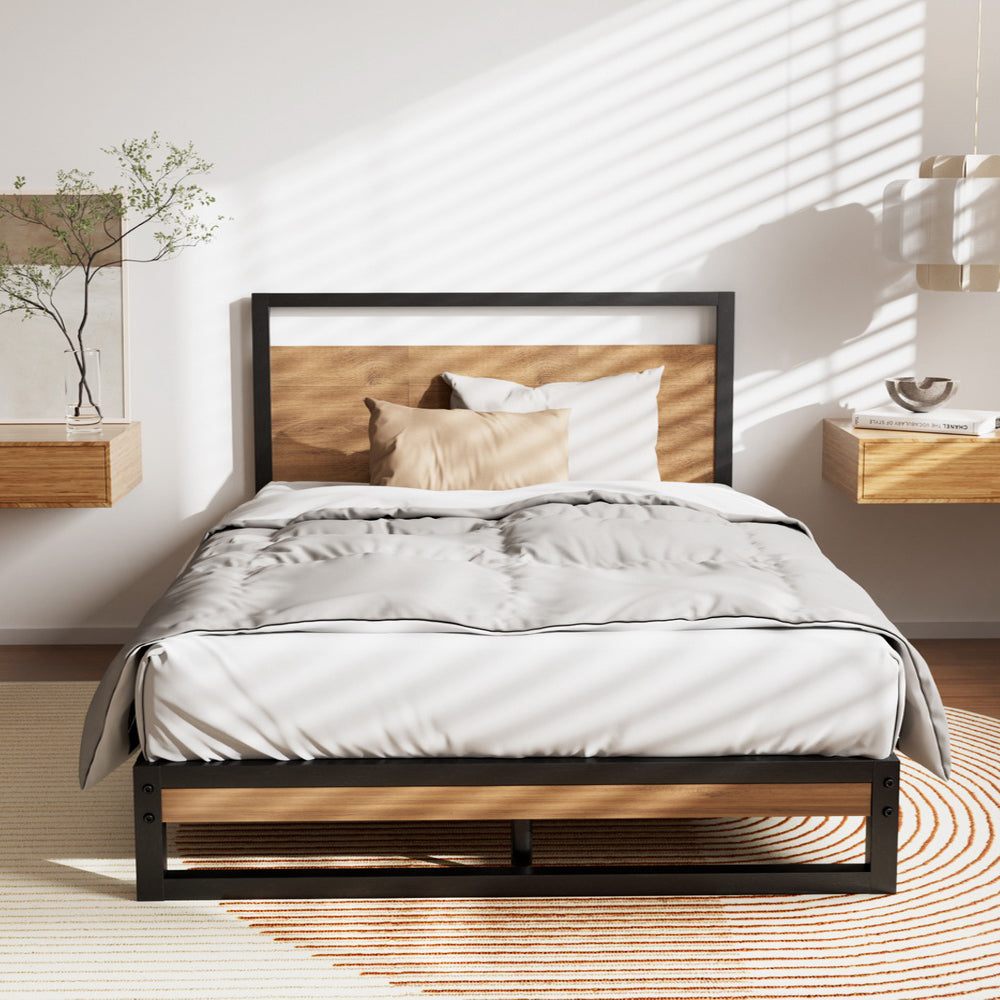 Hudson Industrial Metal Bed Frame – Black & Dark Wood – Single