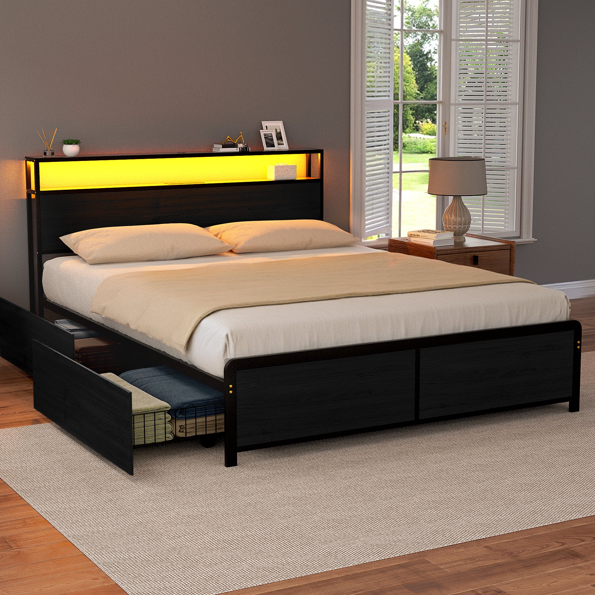 Cove Metal Bed Frame Storage Headboard Charge Station LED 4 Drawers – Queen