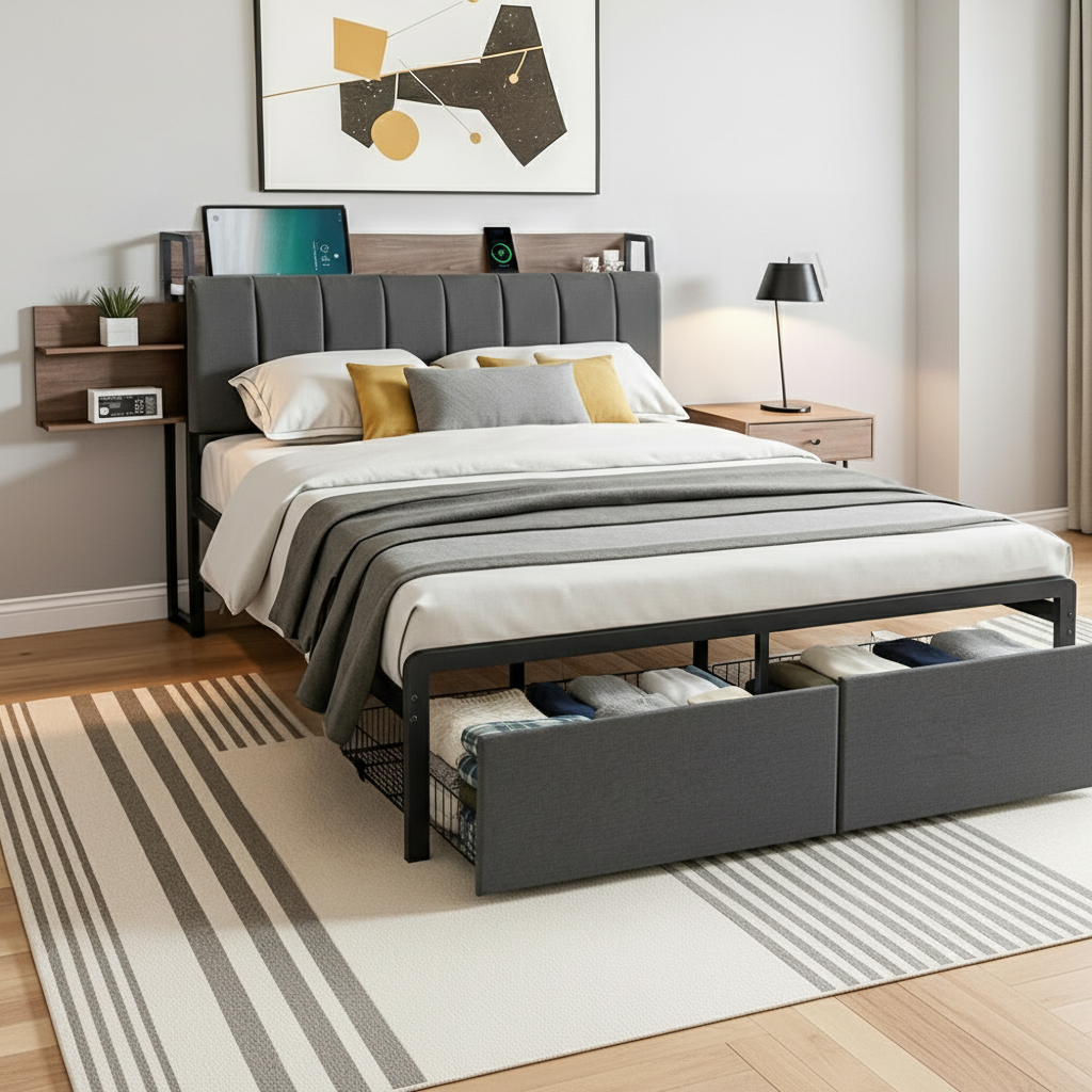 Rowan Metal Bed Frame with 2 - Tier Hidden Storage with Charging Station – Double