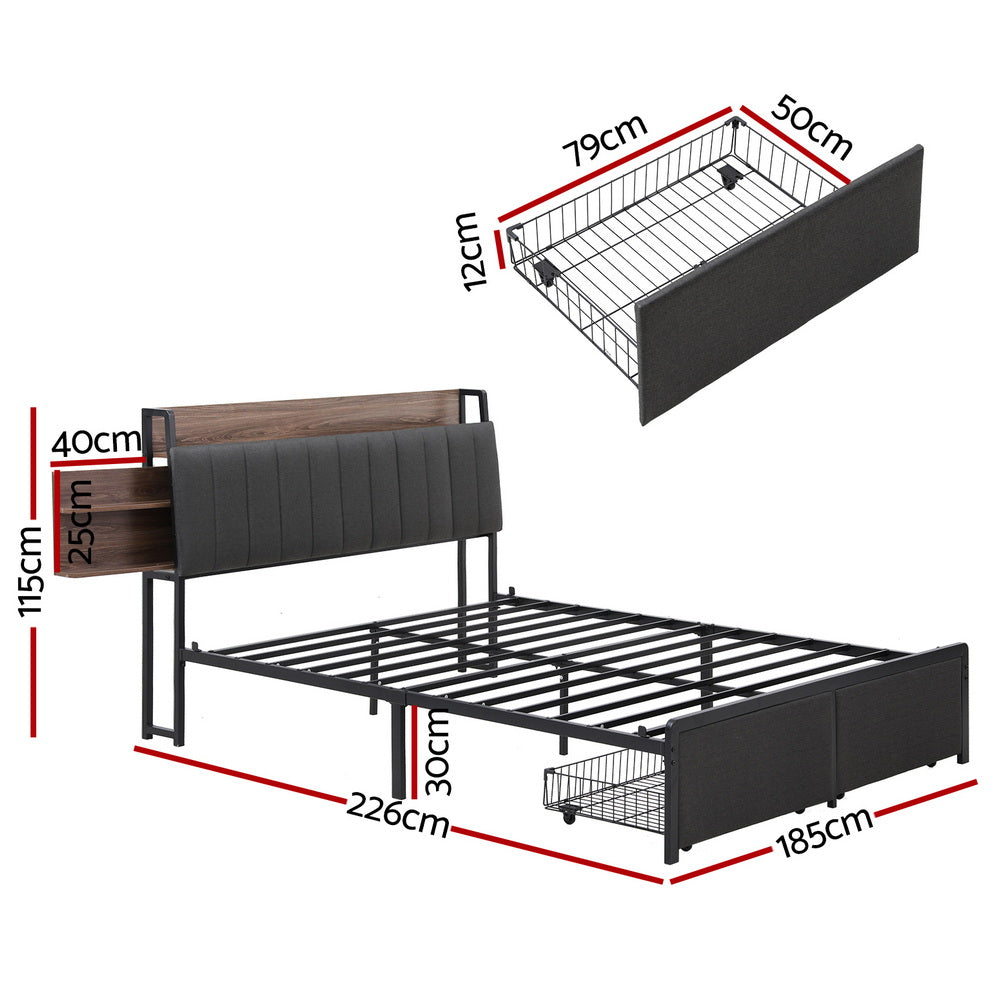 Rowan Storage Bed Frame with Charging Station – Grey – King