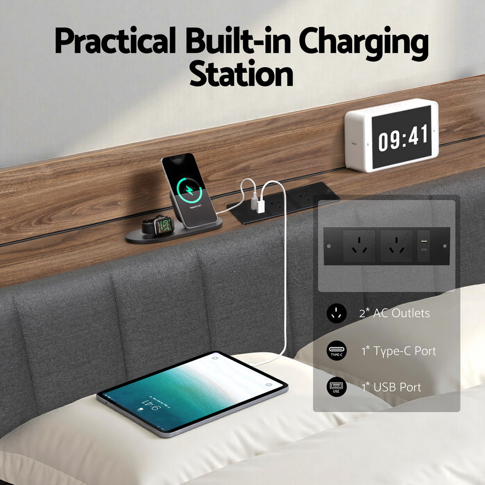Nova Storage Bed Frame with Charging Station – Grey – Queen