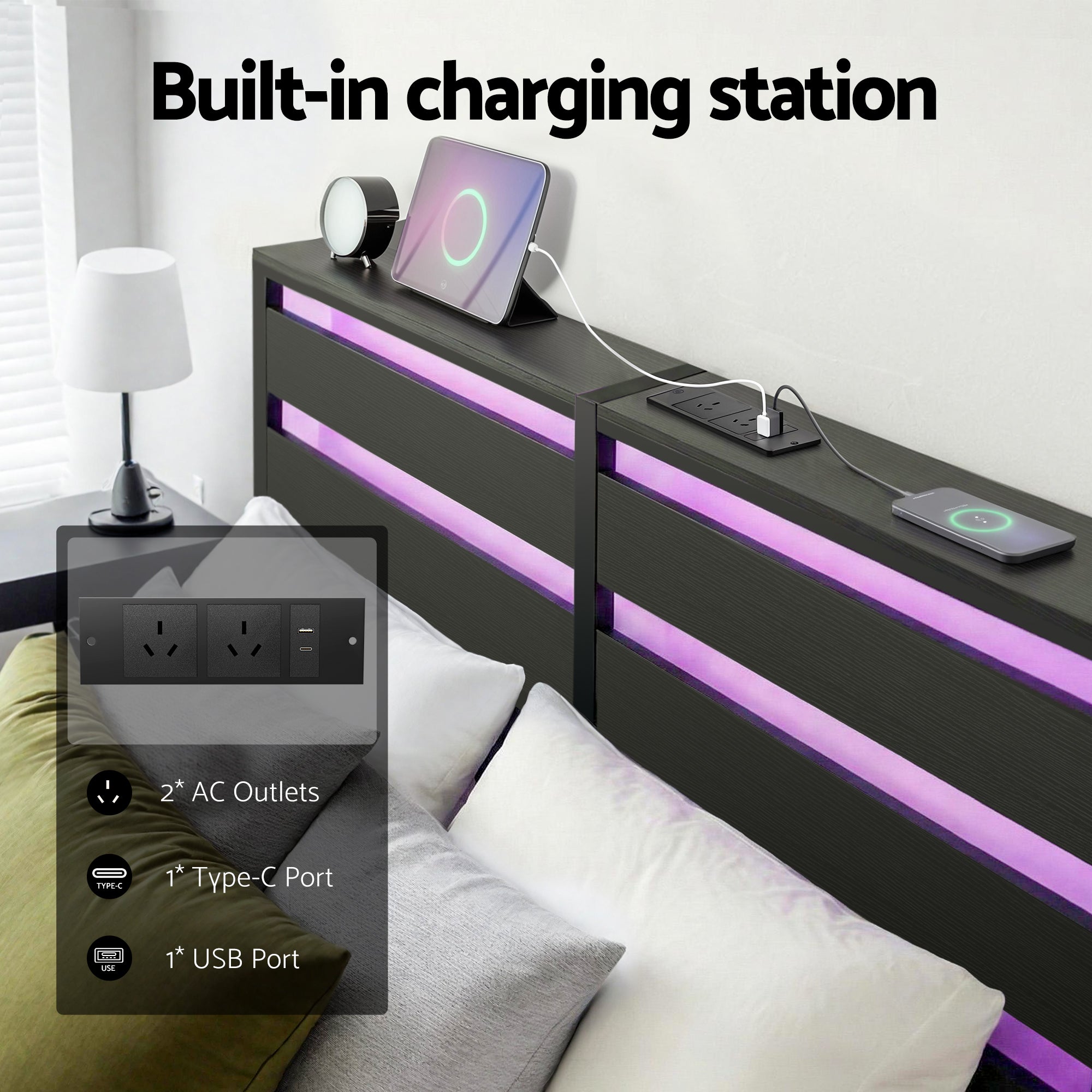 Portos LED Metal Bed Frame with Charging Station – Black – Queen