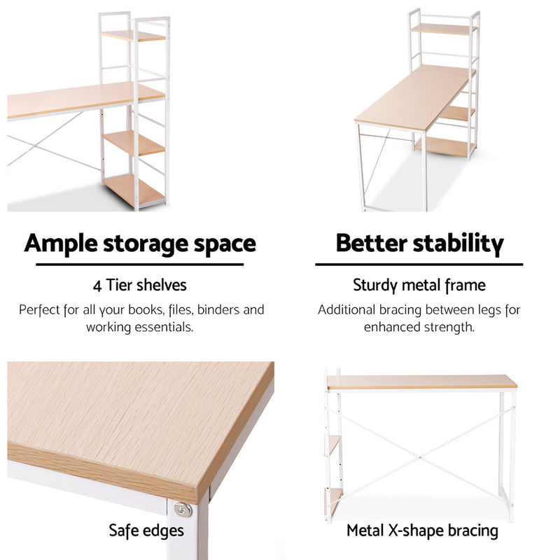 Computer Metal Desk with Shelves - White with Oak Top - 120CM