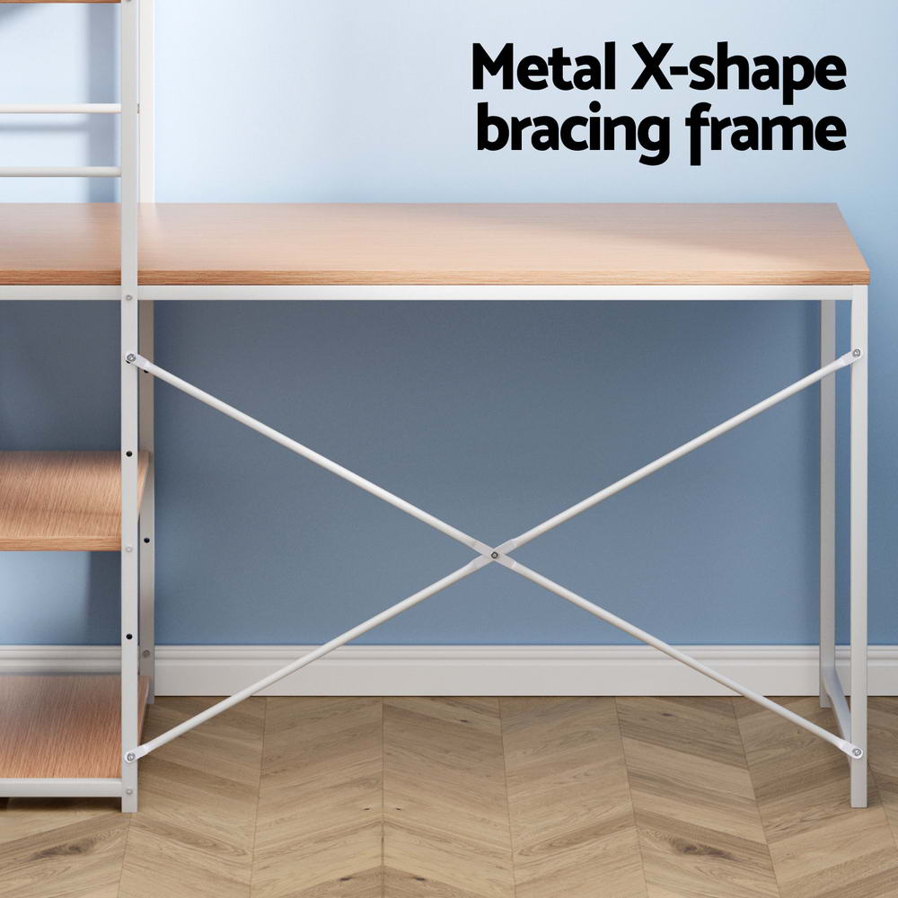 Serano Metal Computer Desk with Shelves – White & Oak – 120 cm