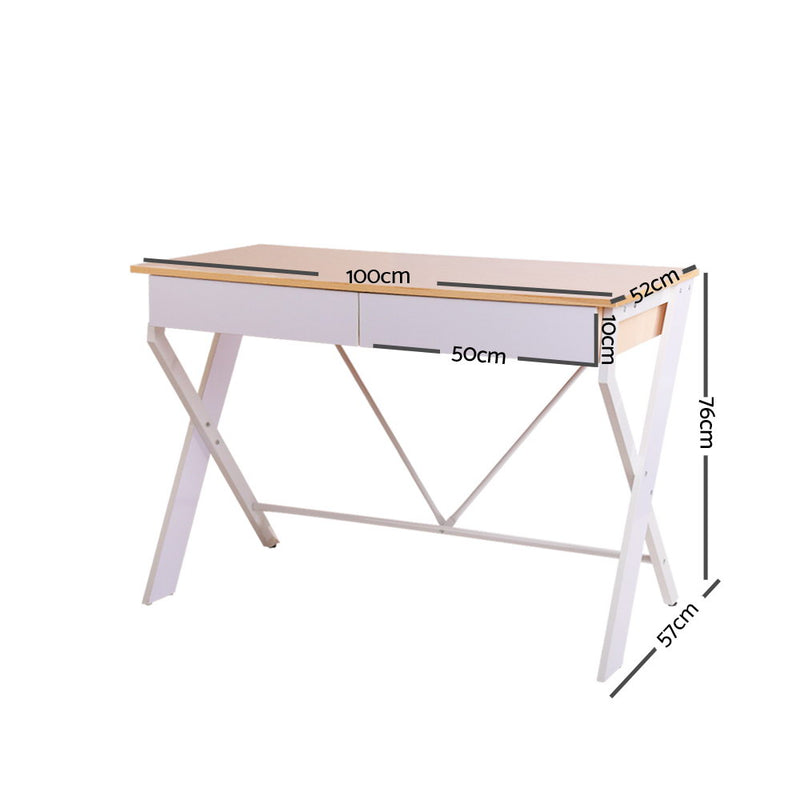 Computer Metal Desk with Drawer - White with Oak Top - 100CM