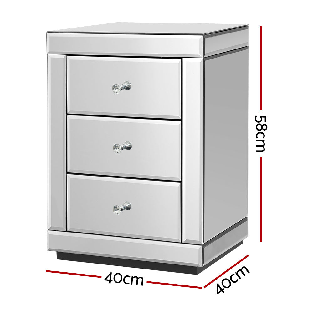 Callan Mirrored Bedside Table – Silver – 3 Drawer