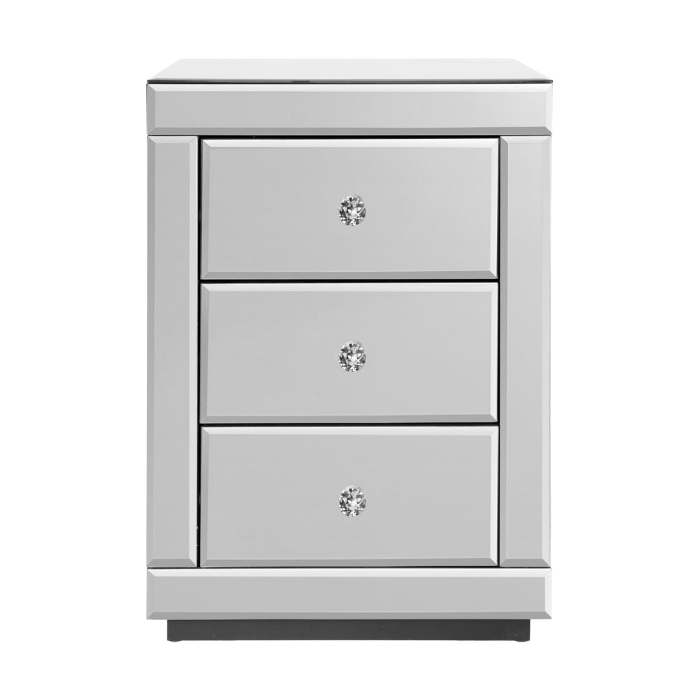 Callan Mirrored Bedside Table – Silver – 3 Drawer