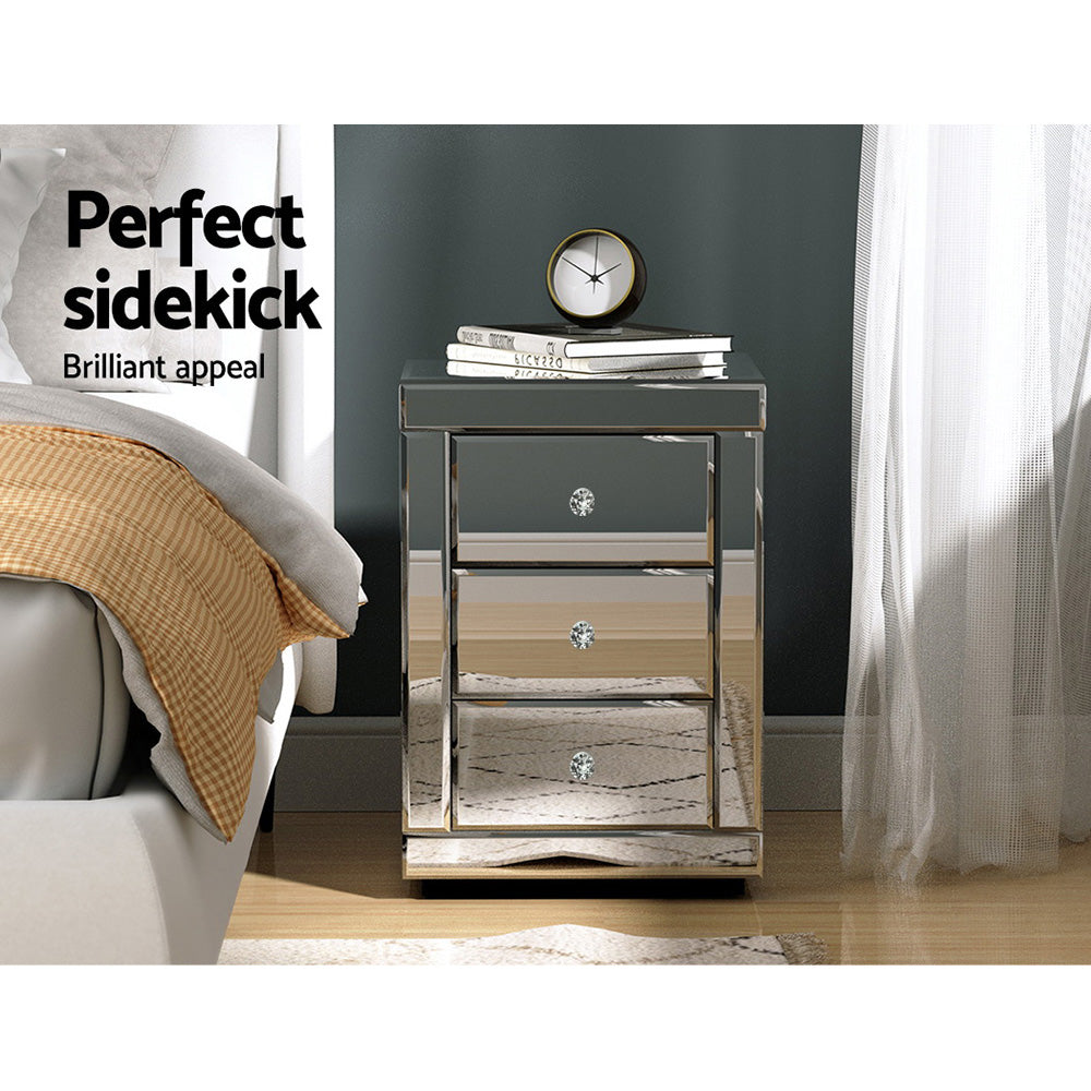 Callan Mirrored Bedside Table – Silver – 3 Drawer