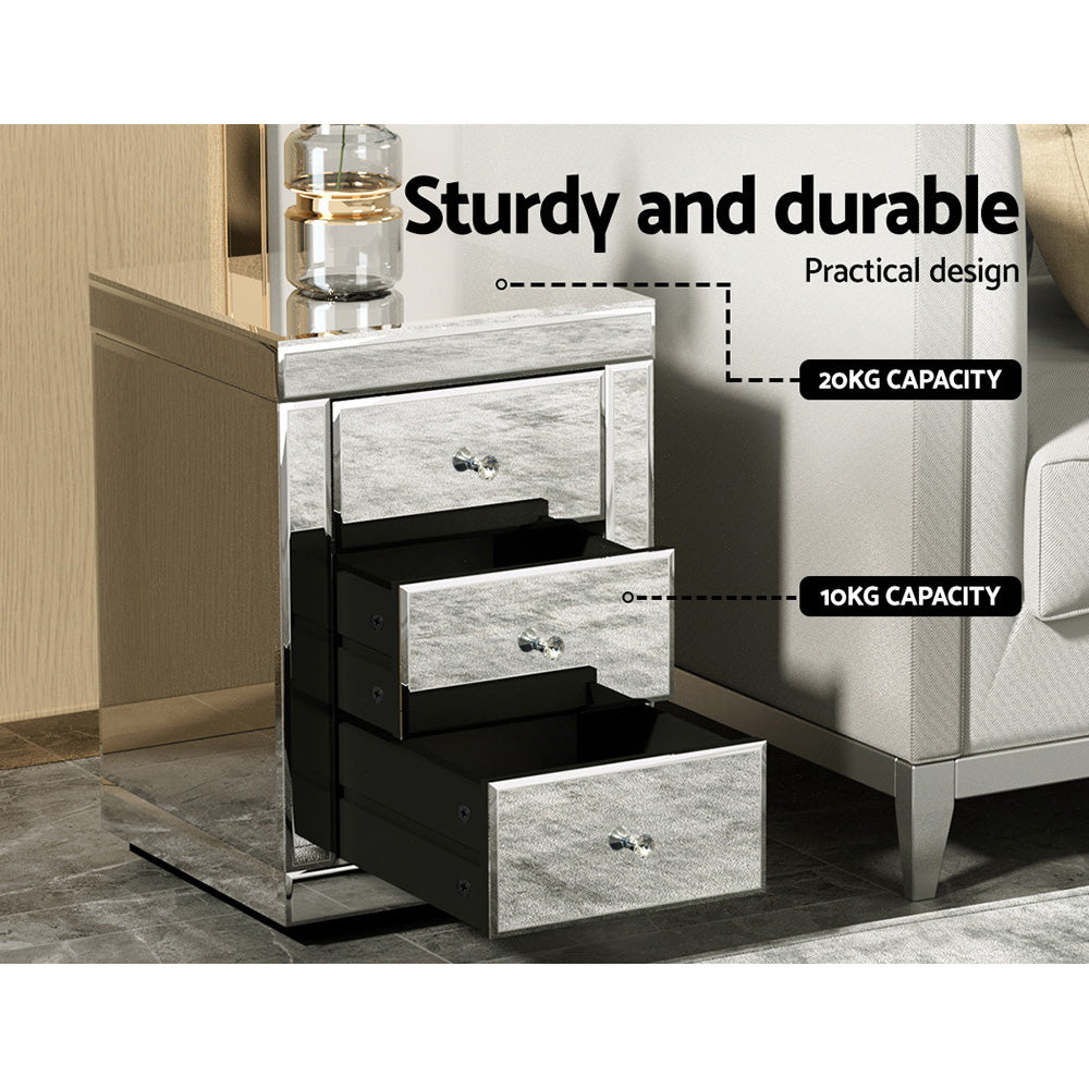 Callan Mirrored Bedside Table – Silver – 3 Drawer