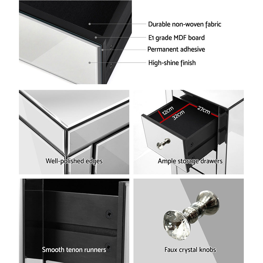 Callan Mirrored Bedside Table – Silver – 3 Drawer